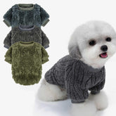 FABRICASTLE dog sweater in dark teal worn by a small dog for cozy warmth