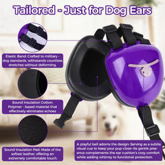 Famikako dog ear muffs purple large side view showing snug fit for sensitive ears.