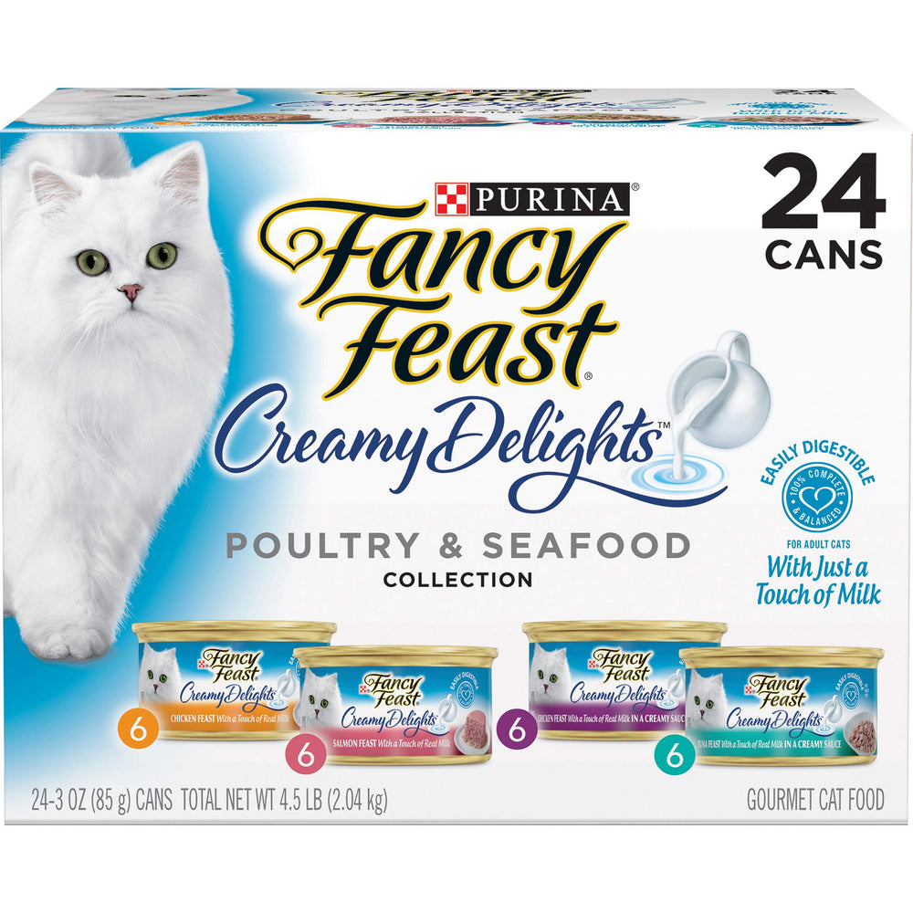 Fancy Feast Creamy Delights variety pack 3oz cans – convenient pull-tab for easy serving.