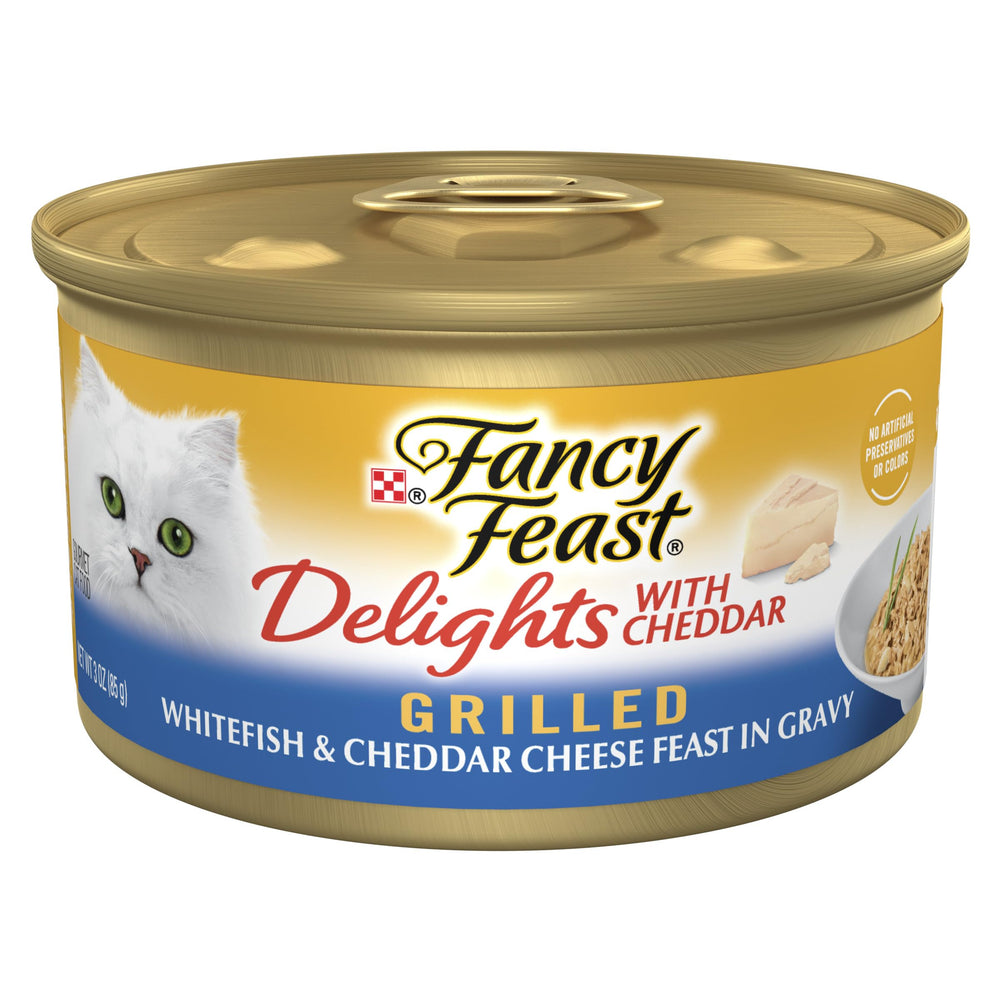 Fancy Feast Delights cheddar-whitefish grilled bites in a bowl for savory mealtime appeal.