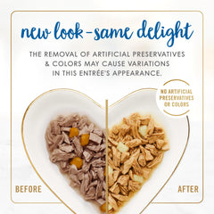 Fancy Feast Delights cheddar-whitefish in gravy poured over a bowl to entice appetite.