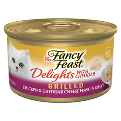 Fancy Feast Delights grilled chicken cheddar can with gravy for adult cats.