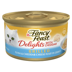 Fancy Feast Delights tuna cheddar grilled can closeup — tasty shreds entice picky eaters.
