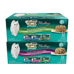 Fancy Feast Duo Premavera Florentine set cans offer gourmet cat meals with gravy and greens
