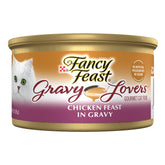 Fancy Feast Gravy Lovers chicken cans show convenient 3 oz portions for daily meals.