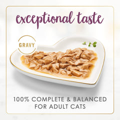Fancy Feast Gravy Lovers gravy-rich pour highlights premium flavor and enticing aroma.