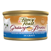 Fancy Feast Gravy Lovers ocean-whitefish-tuna can-front highlights premium protein for enticing meals.