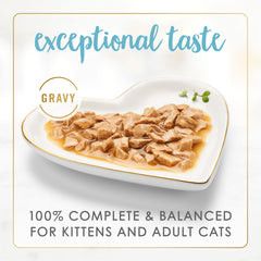 Fancy Feast Gravy Lovers can close-up shows salmon and sole in rich gravy for appetizing meals.