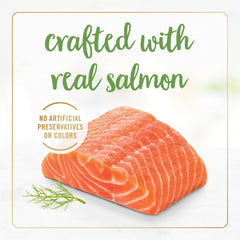 Fancy Feast gravy-pour image emphasizes seared-salmon flavored gravy and enticing aroma.