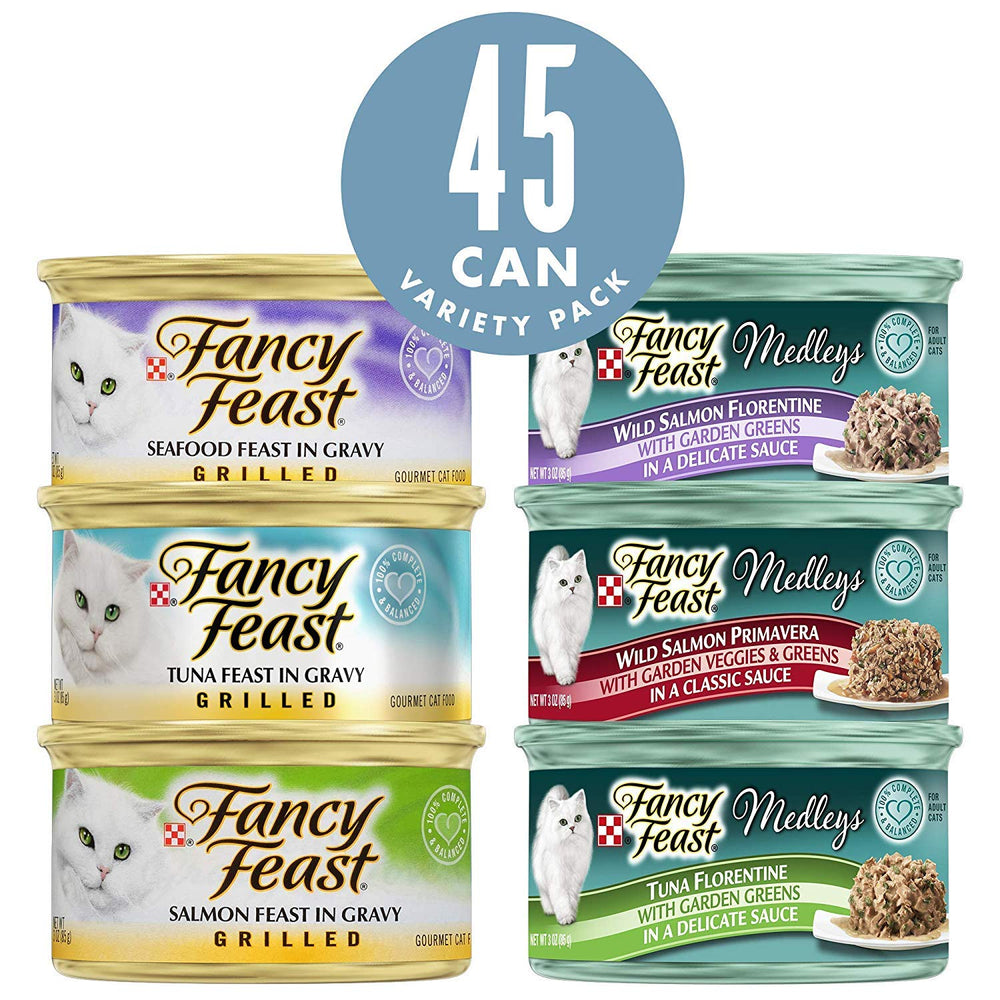 Fancy Feast grilled-feast cans arranged for display, signaling variety and quality