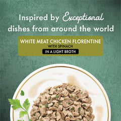Fancy Feast Medleys chicken Florentine gravy closeup highlights tender texture and savory gravy.