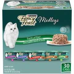Fancy Feast Medleys Taste of Italy 30-pack cans showcase Italian inspired flavors for adult cats.