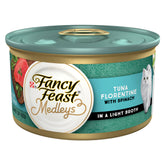 Fancy Feast Medleys tuna florentine cans closeup highlighting tuna flavor and glossy sauce.