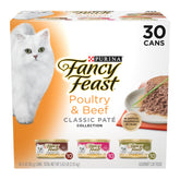 Fancy Feast Poultry and Beef Pate Collection pack of 30 cans adds variety to cat meals.