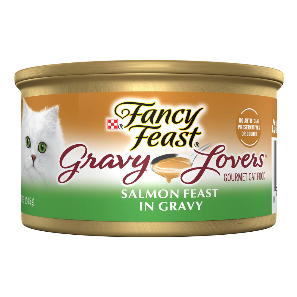 Fancy Feast Salmon Feast can with gravy highlights real salmon for a savory, protein-rich meal.