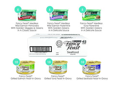 Close up of Fancy Feast seafood collection packaging on a surface