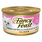 Fancy Feast sliced chicken hearts and liver feast can close-up shows tender slices in gravy.