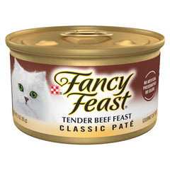 Fancy Feast Tender Beef Feast pate can front — grain-free, protein-packed wet cat food option.