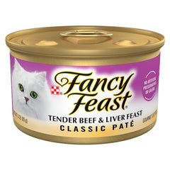 Fancy Feast Tender Beef and Liver Feast pate can closeup shows rich texture for palatable meals