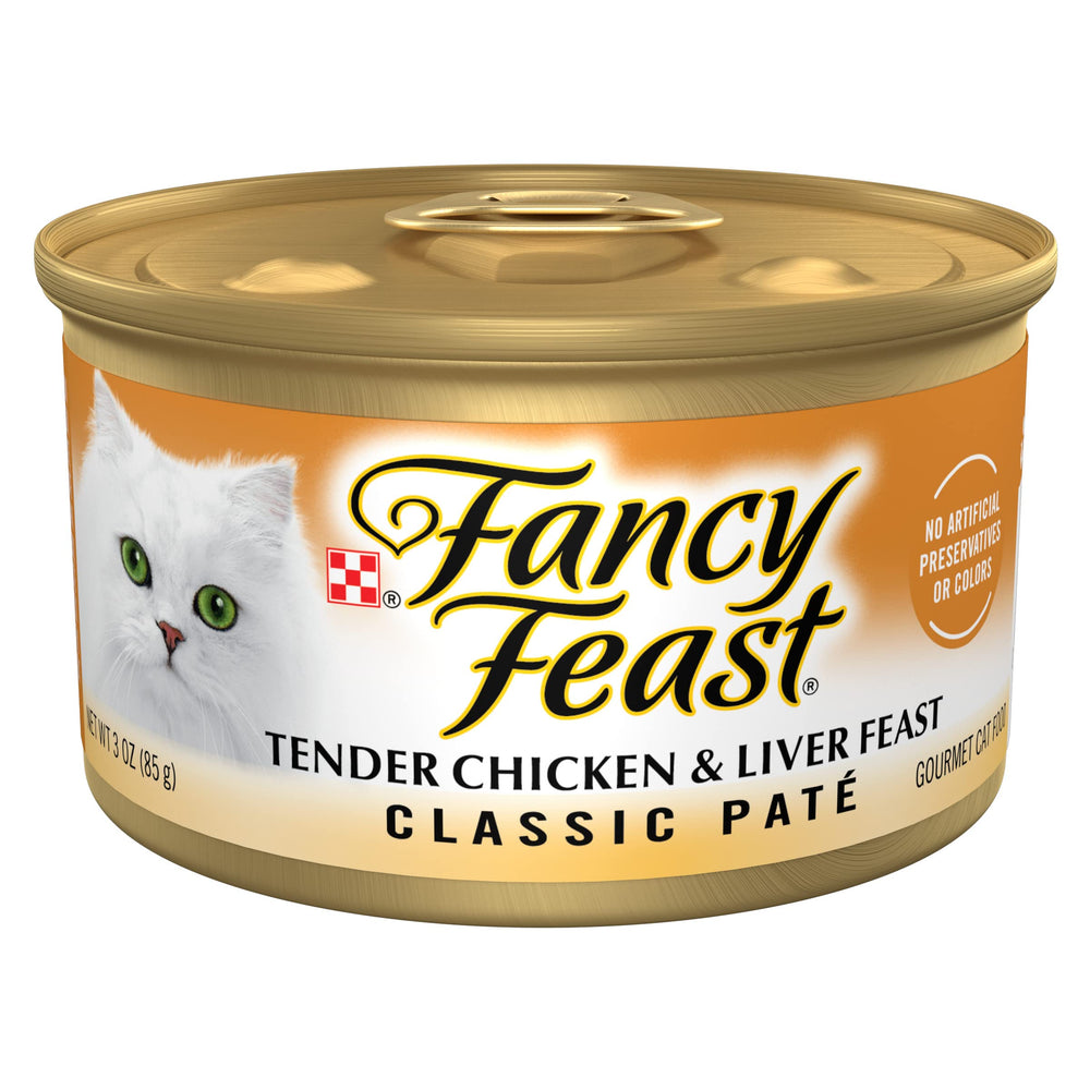 Fancy Feast tender-chicken-liver-feast packaged 24 cans for bulk convenience feeding.