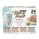 Fancy Feast Tender Feast kitten variety pack box highlights four flavors for growing kittens.