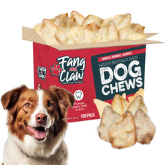 Fang and Claw buffalo ears bag closed, durable chew for strong chewers.