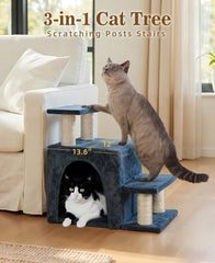 Fantasreen cat condo with sisal scratching posts promotes indoor clawing.
