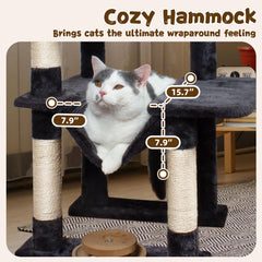 Fantasreen cat tree condo shows roomy hideaway for kittens and adults.