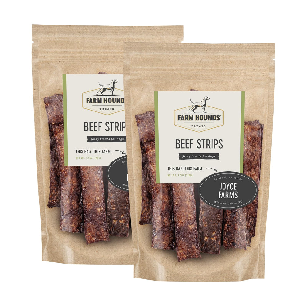 Farm Hounds Beef Strips pack front with two 4.5 oz bags for dogs
