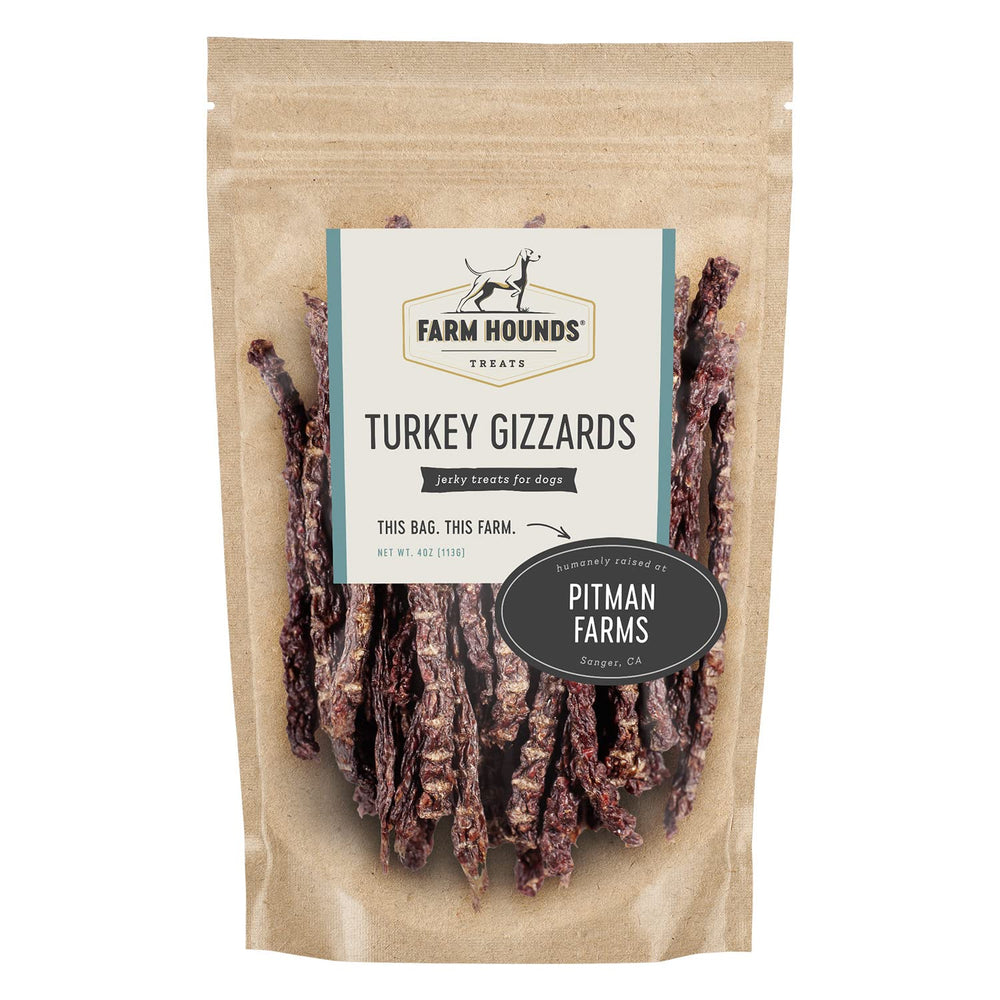 Farm Hounds turkey gizzards 4oz pack shown for quick break-to-size training rewards.