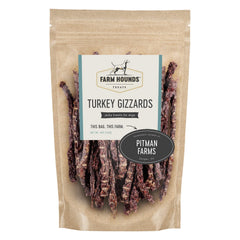 Farm Hounds turkey gizzards 4oz pack shown for quick break-to-size training rewards.