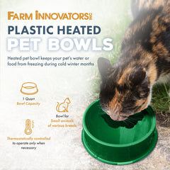 Farm Innovators 1qt heated water bowl side view highlights compact anti-tip base