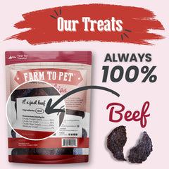 Farm To Pet beef chips label close-up shows single-ingredient beef for simple, trusted choices
