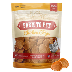 Farm To Pet chicken chips 12oz product shot showing bite-sized training treats