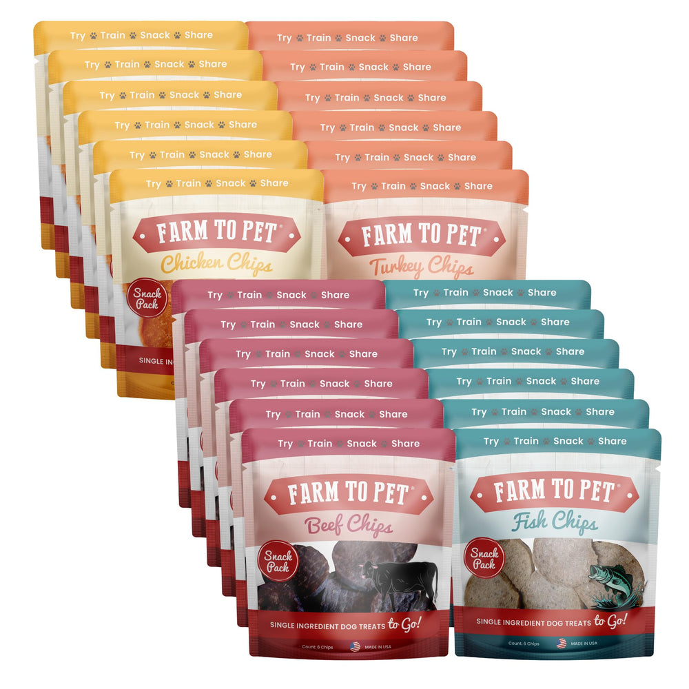 Farm To Pet dog training treats sampler front view highlighting four protein chips for training