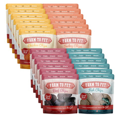 Farm To Pet dog training treats sampler front view highlighting four protein chips for training