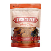 Farm To Pet dog training treats turkey chip bag close-up showing training-use packaging.
