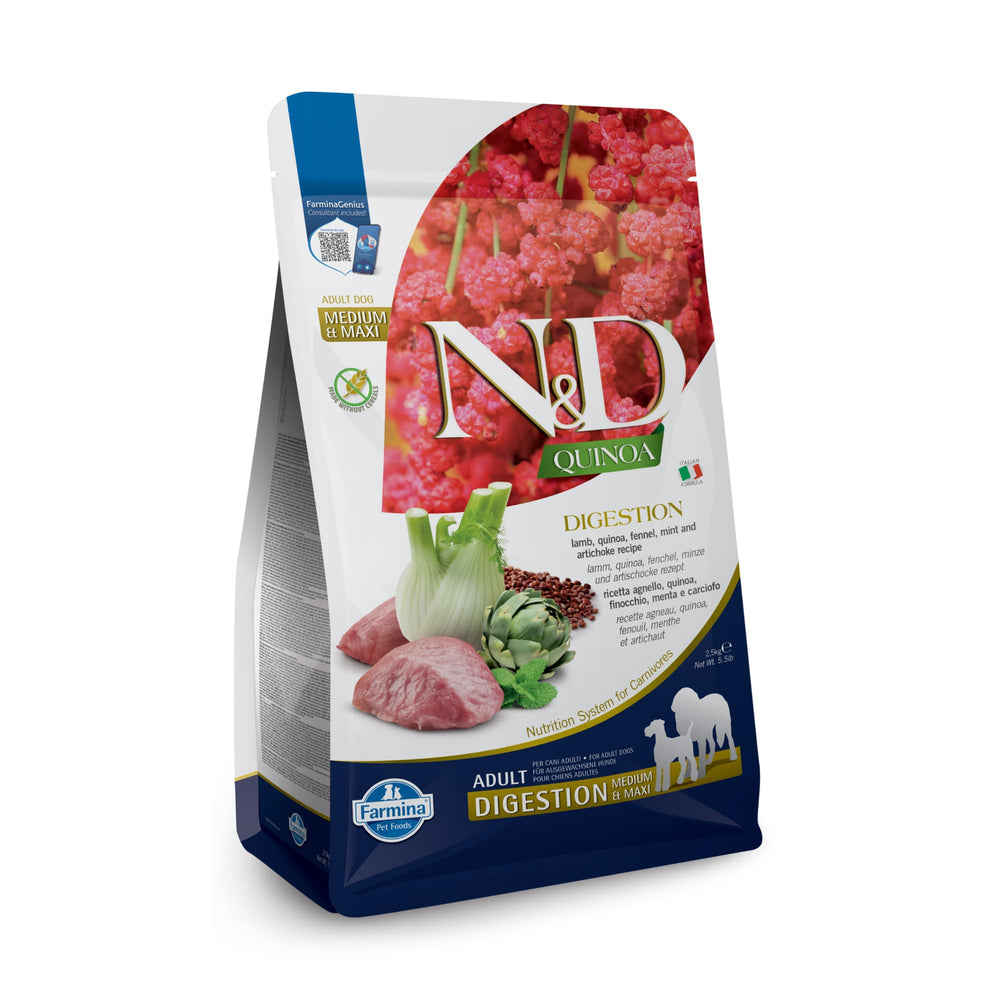 Farmina Digestion Lamb kibble closeup highlighting high-protein formula for adult dogs