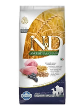 Farmina N&D Ancestral Grain Lamb bag front view, premium adult dog protein.