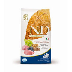 Farmina N&D Low-Grain Lamb dry dog food pack showing gluten-free, high-protein nourishment.