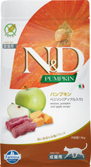 Farmina N&D pumpkin-venison adult cat food bag front, premium protein for active cats.