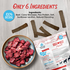 Farmland Traditions beef-jerky-treat-serving shows portion-ready pieces for dogs.