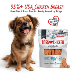 Farmland Traditions Dogs Love Chicken Jerky closeup shows lean, single-ingredient formula