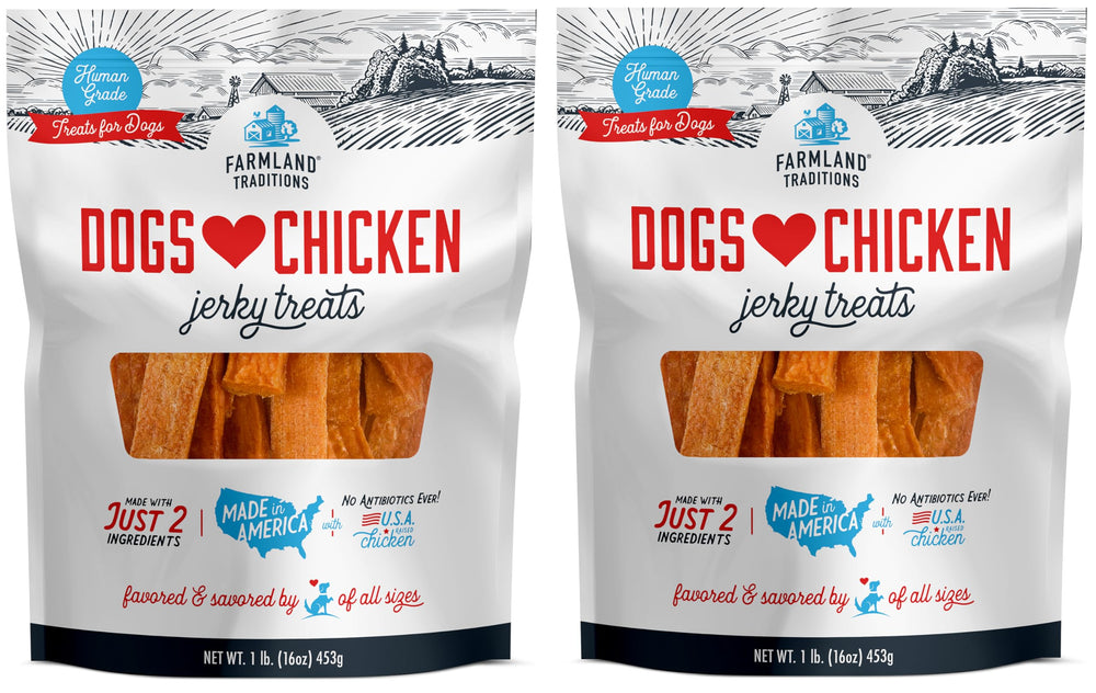Farmland Traditions chicken jerky pack-1 shows premium protein for dogs during training
