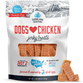 Farmland Traditions Dogs Love Chicken Jerky packaging, premium USA chicken treat for dogs.