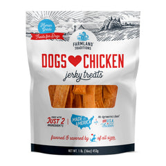 Farmland Traditions Dogs Love Chicken Jerky packaging highlights USA-sourced ingredients for everyday rewards.