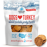 Farmland Traditions turkey-sweet-potato jerky bag, premium filler-free treats ideal for training rewards.