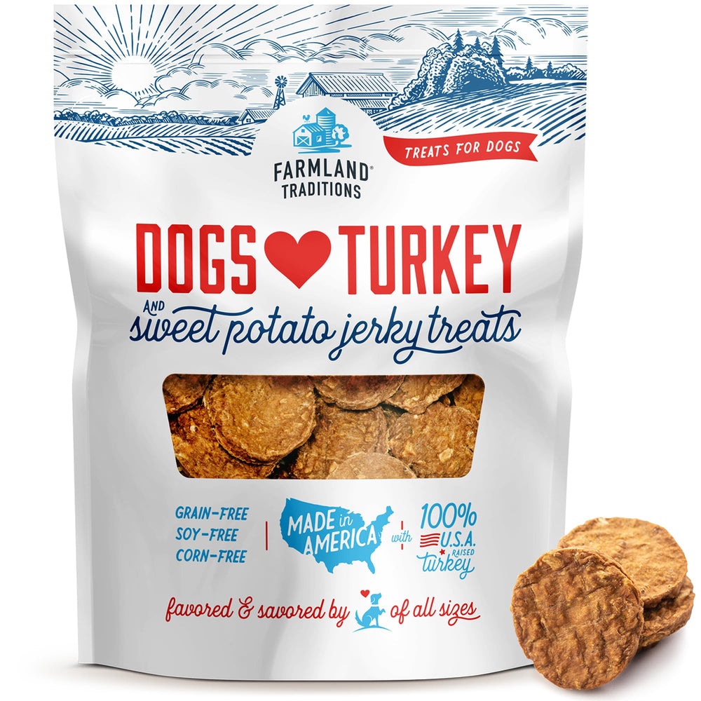 Farmland Traditions turkey and sweet potato jerky bag showing grain-free protein for dogs.