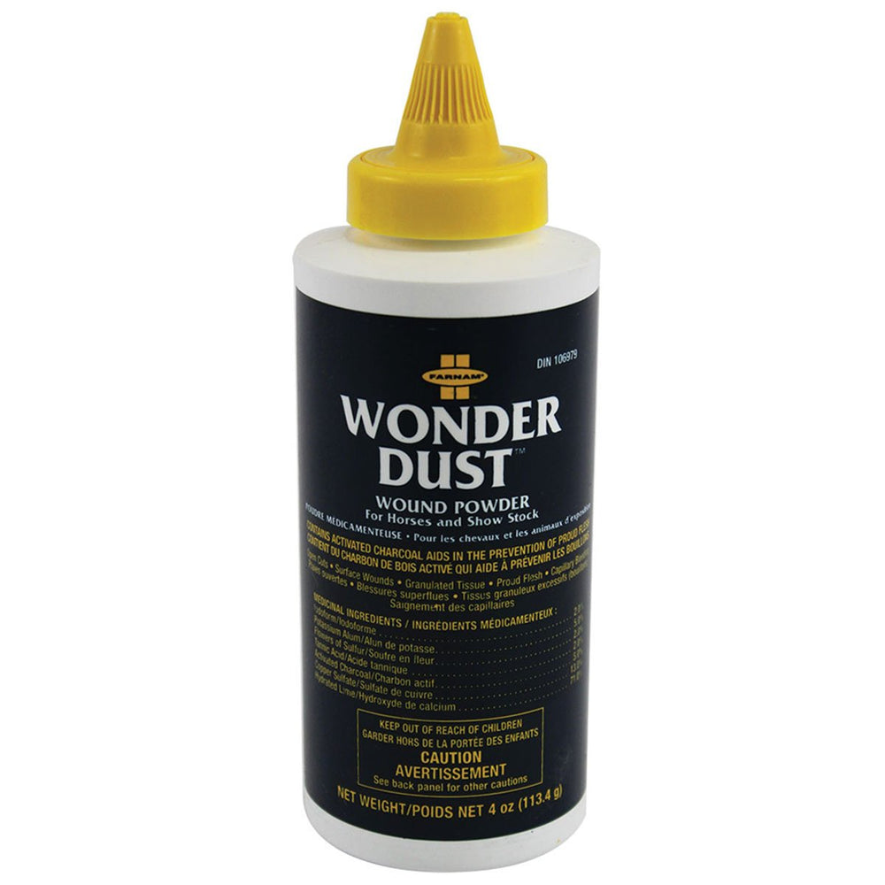 Farnam Wonder Dust Wound Powder bottle demonstrating fast drying and odor control for horse wounds