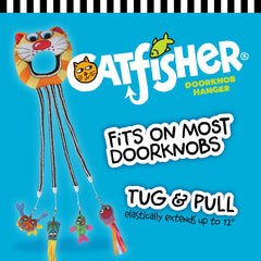 Fat Cat Catfisher Doorknob Hanger mounted on a door for convenient room placement